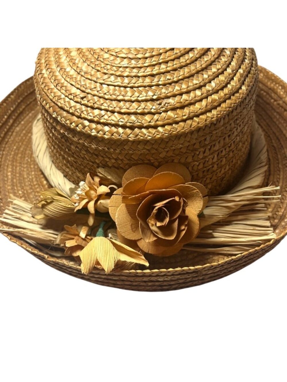 Vintage Straw Boater Sun Hat Floral 3D Flowers Victorian Cottagecore Gardening - Picture 2 of 4
